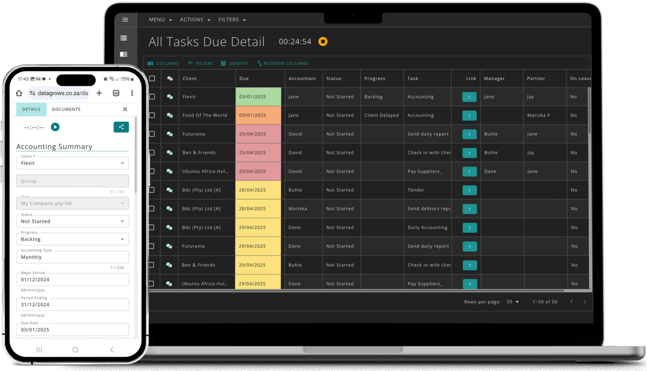 Graphic showing the automated tasks dashboard in DataGrows, with a list of tasks, deadlines, and staff assignments.