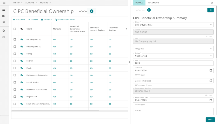 Graphic showing the beneficial ownership declaration dashboard in DataGrows, with a list of entities, beneficial owners, and supporting documents.
