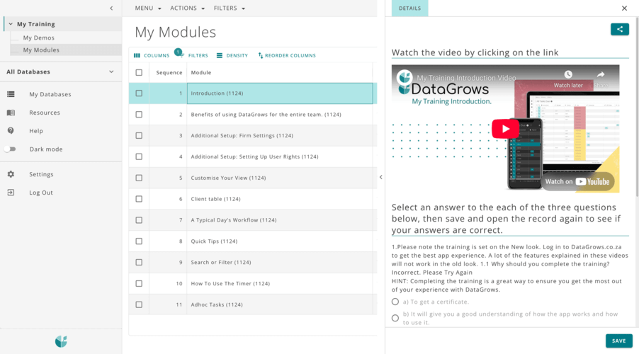 Graphic showing the My Training dashboard in DataGrows, with a list of training videos and resources for staff members.