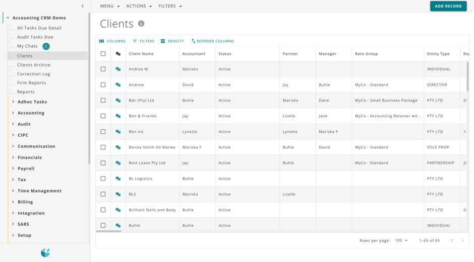 Graphic showing the Clients dashboard in DataGrows, with a list of clients, their details, and associated tasks.