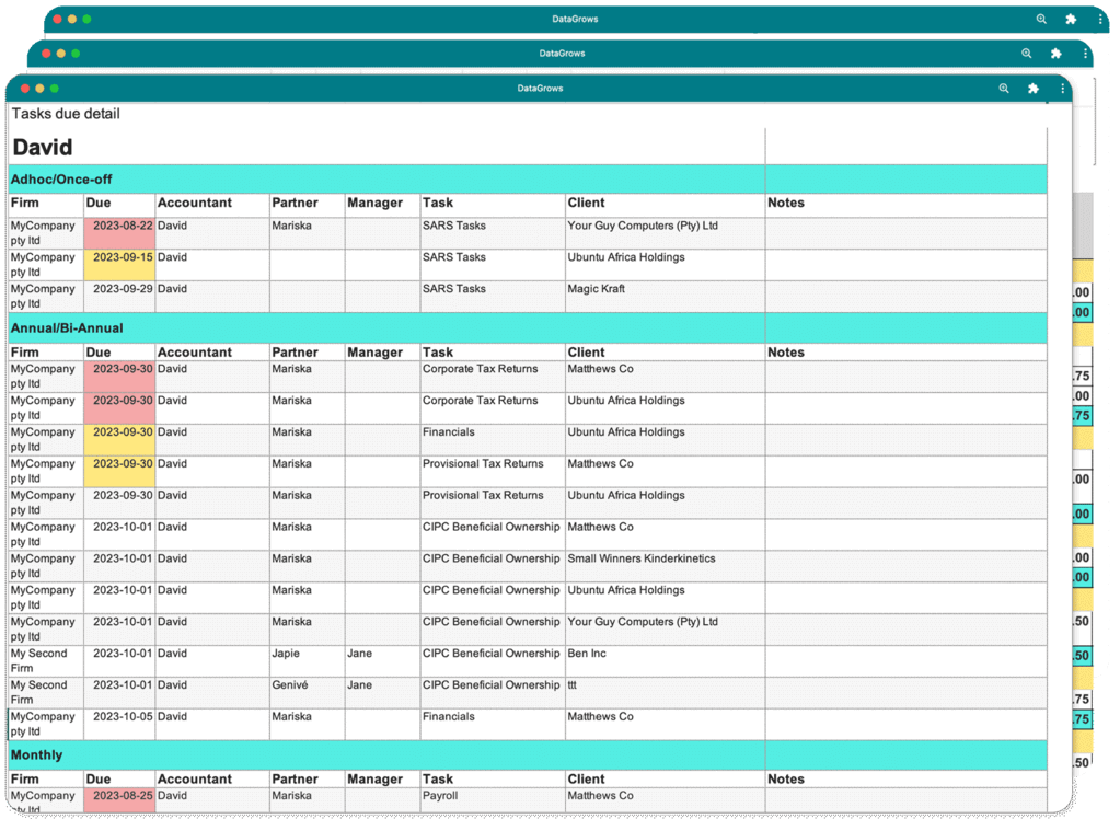 Graphic showing a detailed report view in the Overview and Reports section in DataGrows.