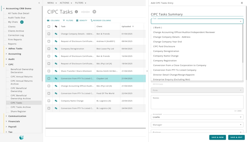 Graphic showing a dashboard view of the SARS and CIPC task tables in DataGrows.