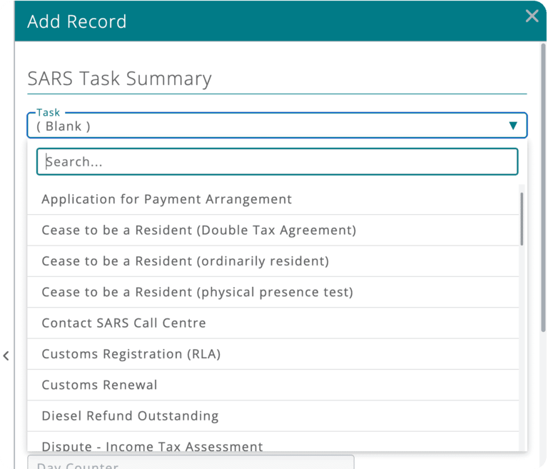 Graphic showing adding a SARS task for a client in DataGrows, with a list of different SARS tasks