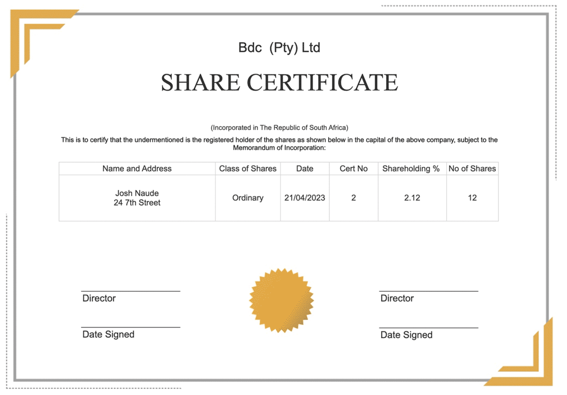 Graphic showing an example of a share certificate