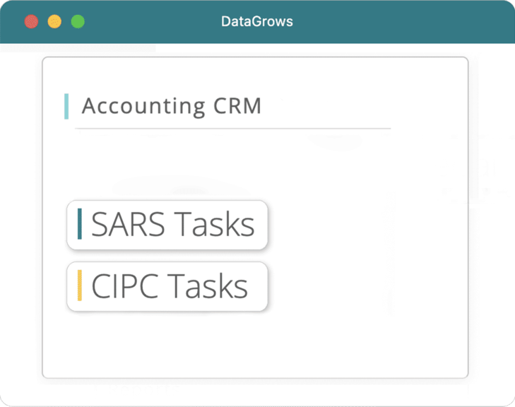 Graphic showing a list with Headding Accounting CRM and list items SARS Tasks, CIPC Tasks