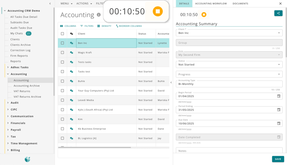 Graphic showing a timer with a stop button over the Accounting dashboard